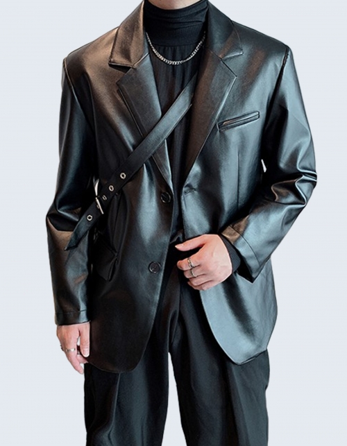Retro pu leather blazer