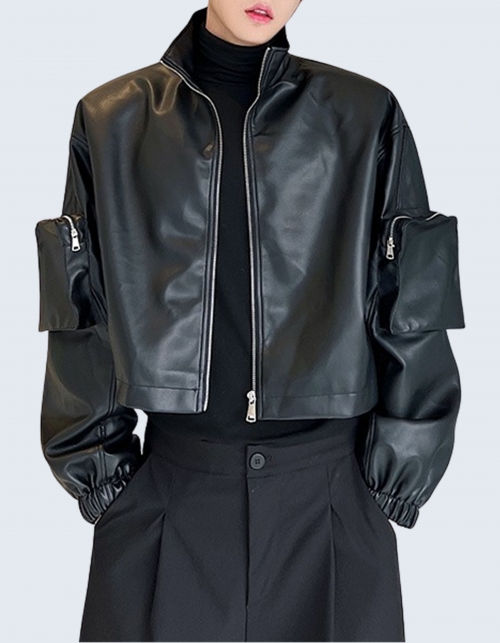 Arm pocket leather jacket